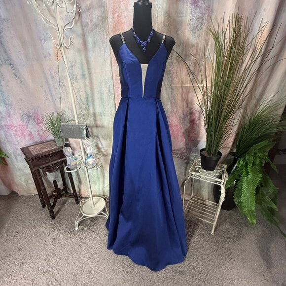 📌Speechless Navy Blue Embellished Rhinestone Straps Bridesmaid - Prom Dress - Picture 1 of 16